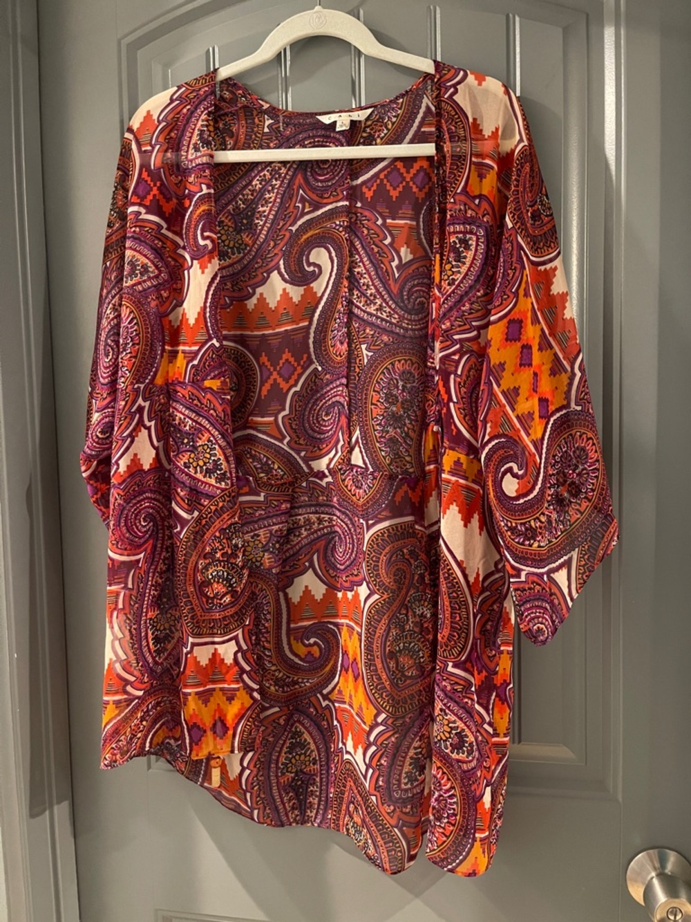 CAbi Open-Front Tunic in Purple & Orange Paisley